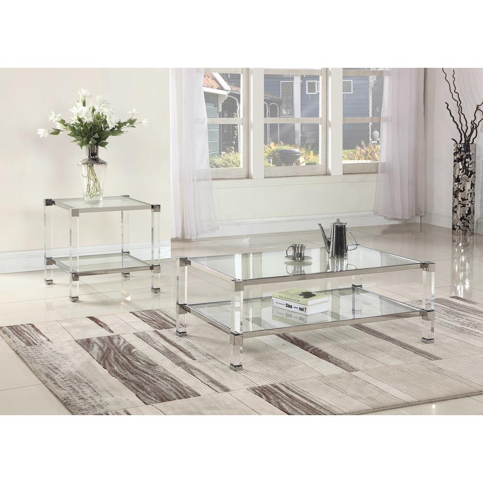 Best Master Furniture Monroe Clear Glass With Acrylic Legs End Table in Silver. Picture 3
