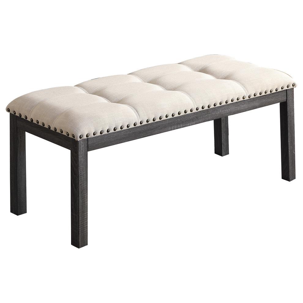 Best Master Button Tufted Fabric Dining Bench in Antique Gray/Natural. Picture 1