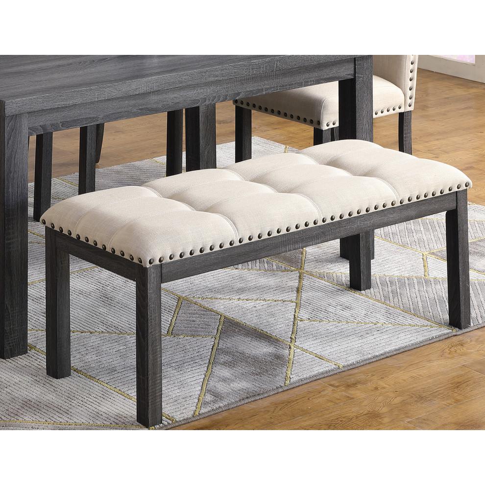 Best Master Button Tufted Fabric Dining Bench in Antique Gray/Natural. Picture 3