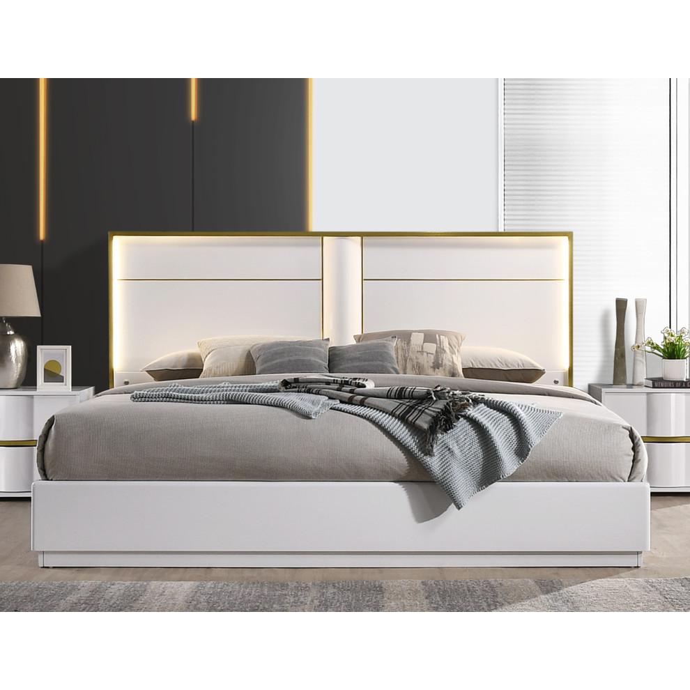 Best Master Havana Poplar Wood Cali King Platform Bed in White with Gold Trim. Picture 3