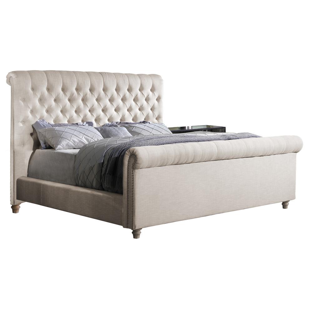 Best Master Marseille Fabric Upholstered Tufted Cal King Bed in Cream. Picture 1