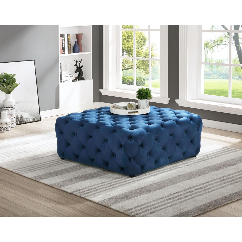 Best Master Furniture Kelly Square Transitional Velvet Fabric Ottoman in Navy. Picture 1