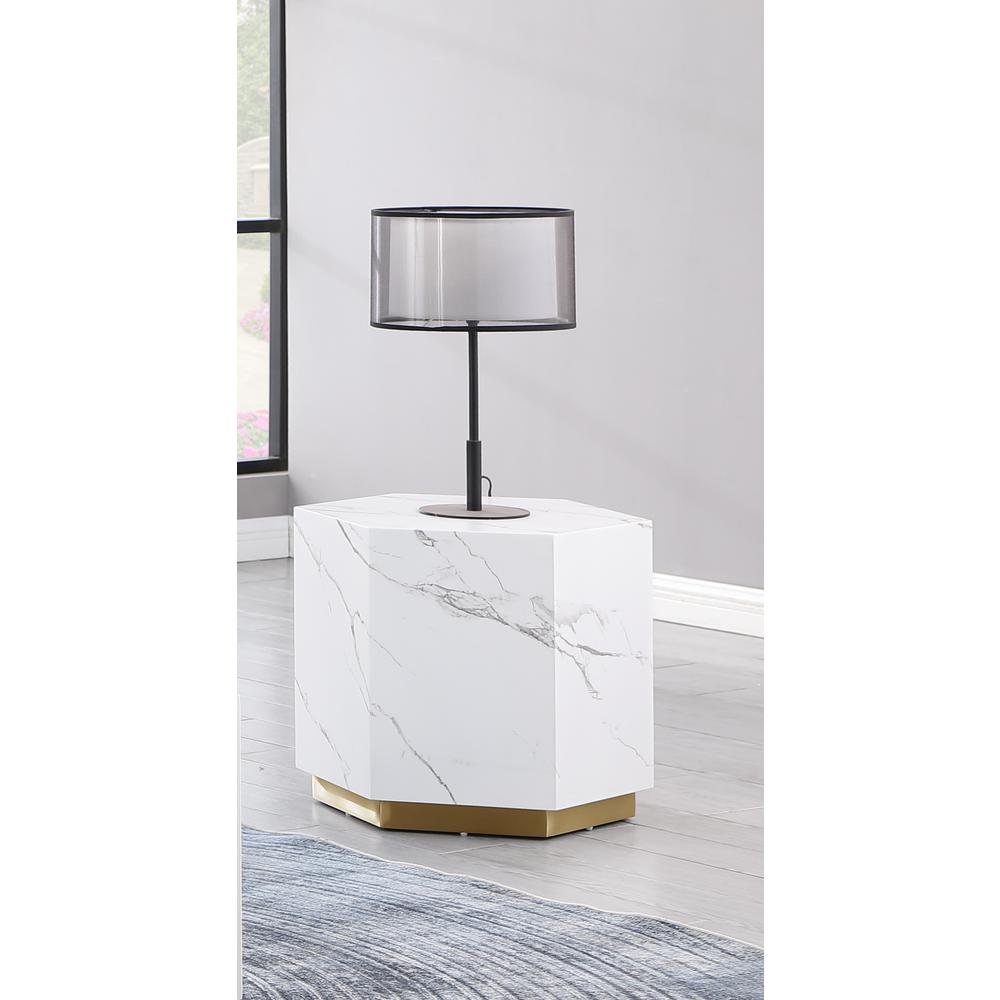 Zhuri Hexagon Faux Marble White End Table in Gold. Picture 2