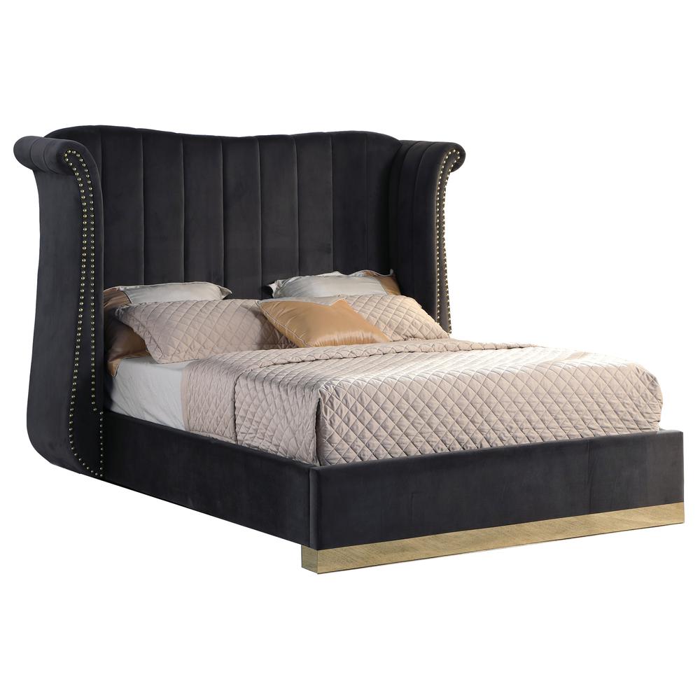 Jamie Velvet Dark Gray Eastern King Platform Bed with Gold Accents. Picture 1
