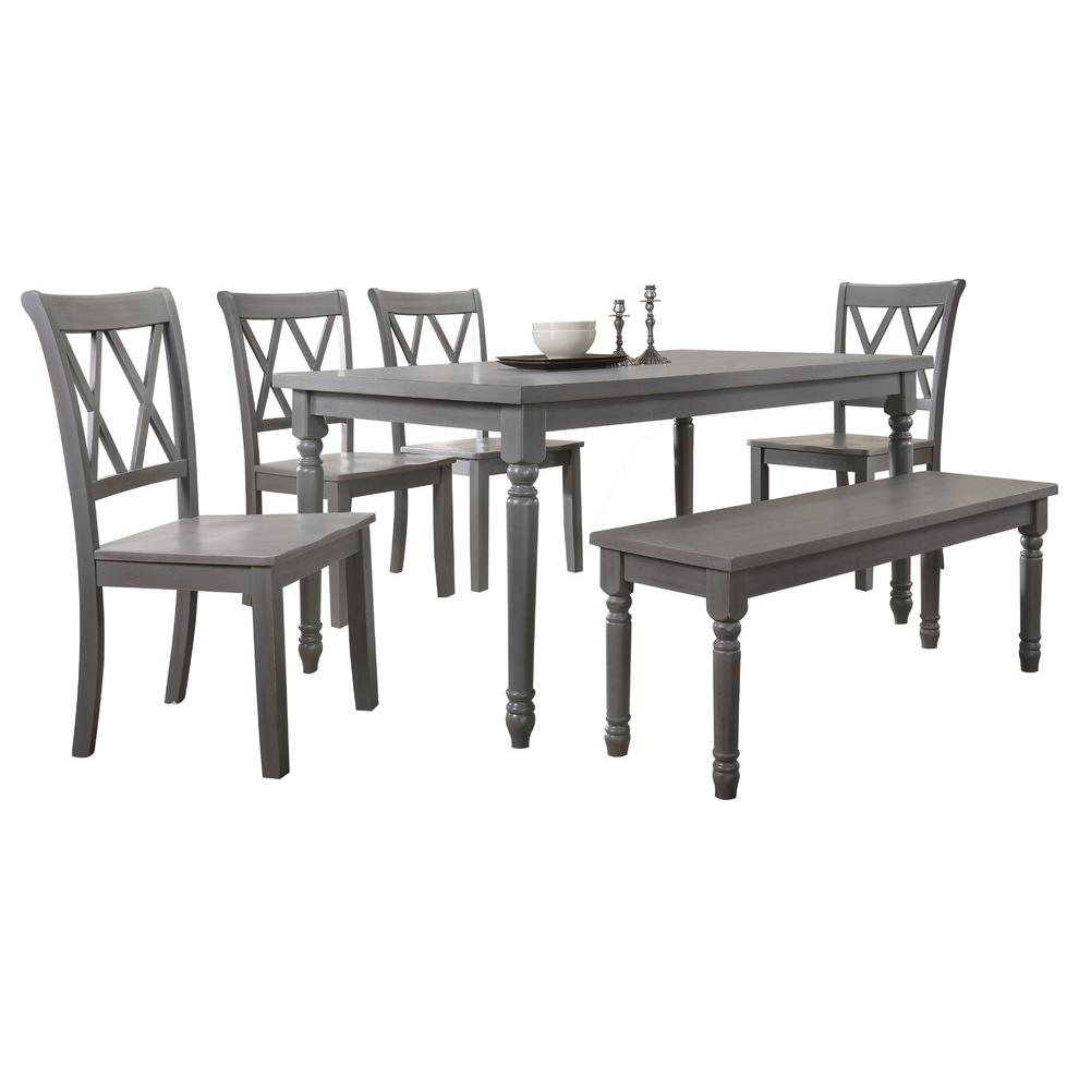 Best Master Luxembourg 6-Piece Solid Wood Dining Set with Bench in Rustic Gray. Picture 1