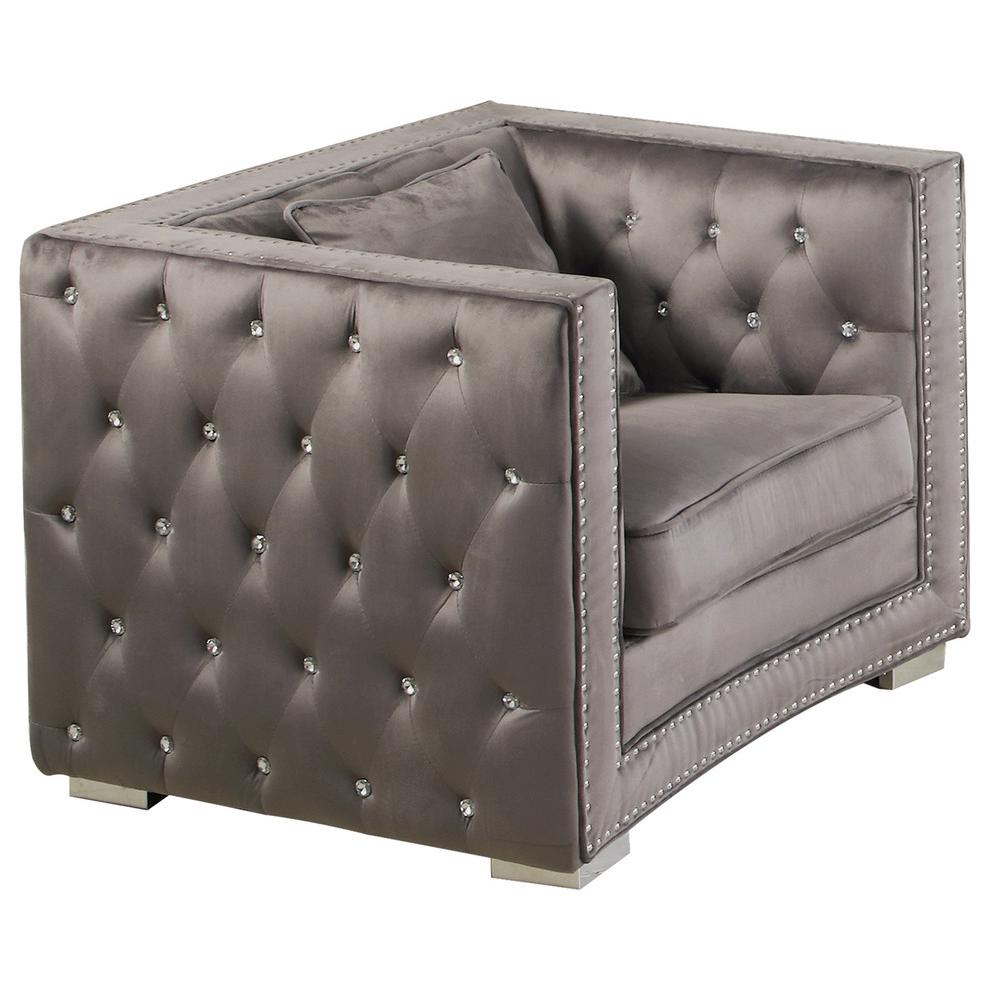 Best Master DeLuca Embellished Fabric Tufted Living Room Chair in Gray. Picture 1