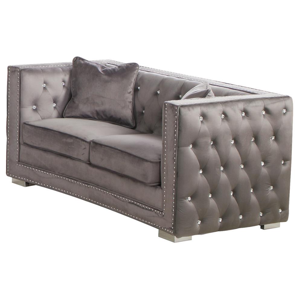Best Master DeLuca Embellished Fabric Tufted Living Room Loveseat in Gray. Picture 1
