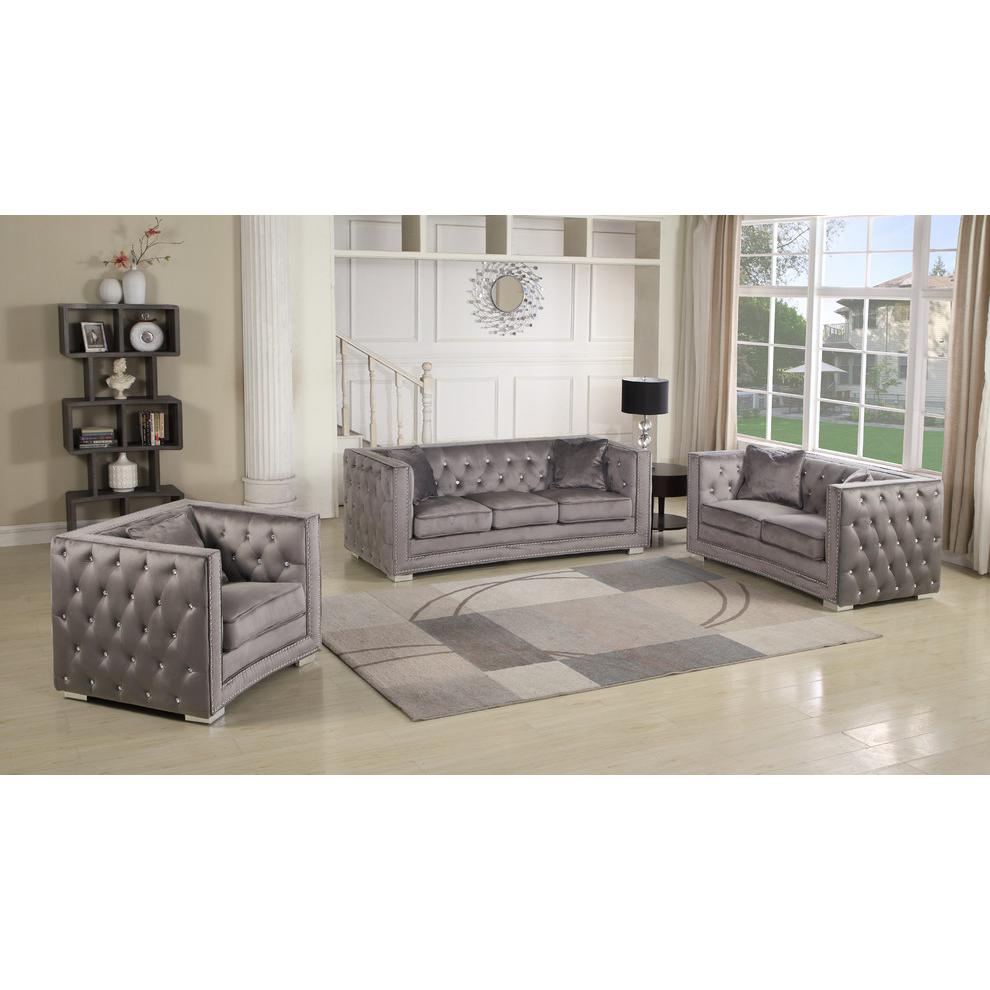 Best Master DeLuca Embellished Fabric Tufted Living Room Loveseat in Gray. Picture 3