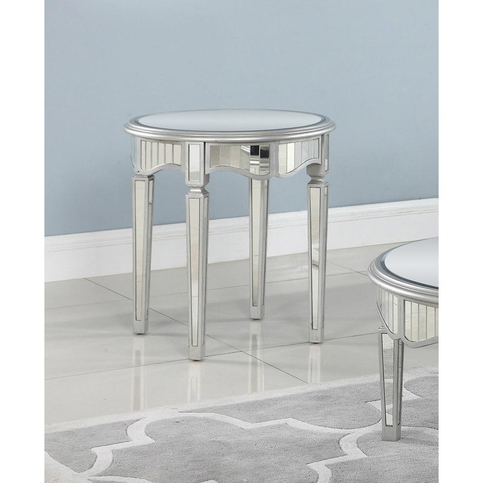 Best Master Furniture Royal Glam Round Mirrored Glass End Table in Silver. Picture 2