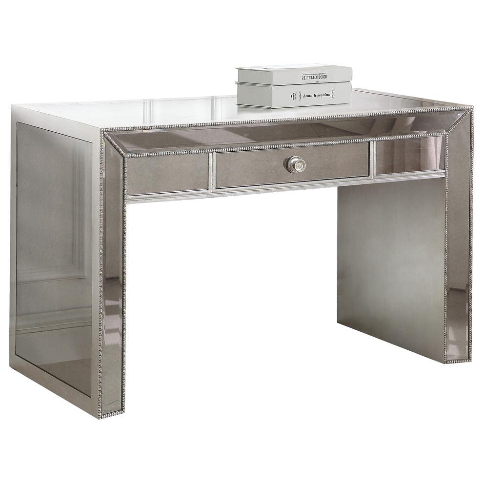 Best Master Jameson Solid Wood and Mirrored Panel Writing Desk in Antoque Silver. Picture 1