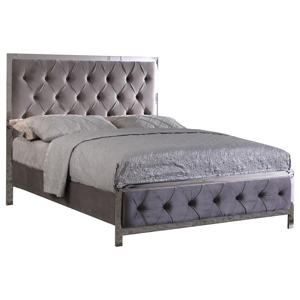 Best Master Emory Fabric Upholstered Tufted Queen Panel Bed in Gray. Picture 1