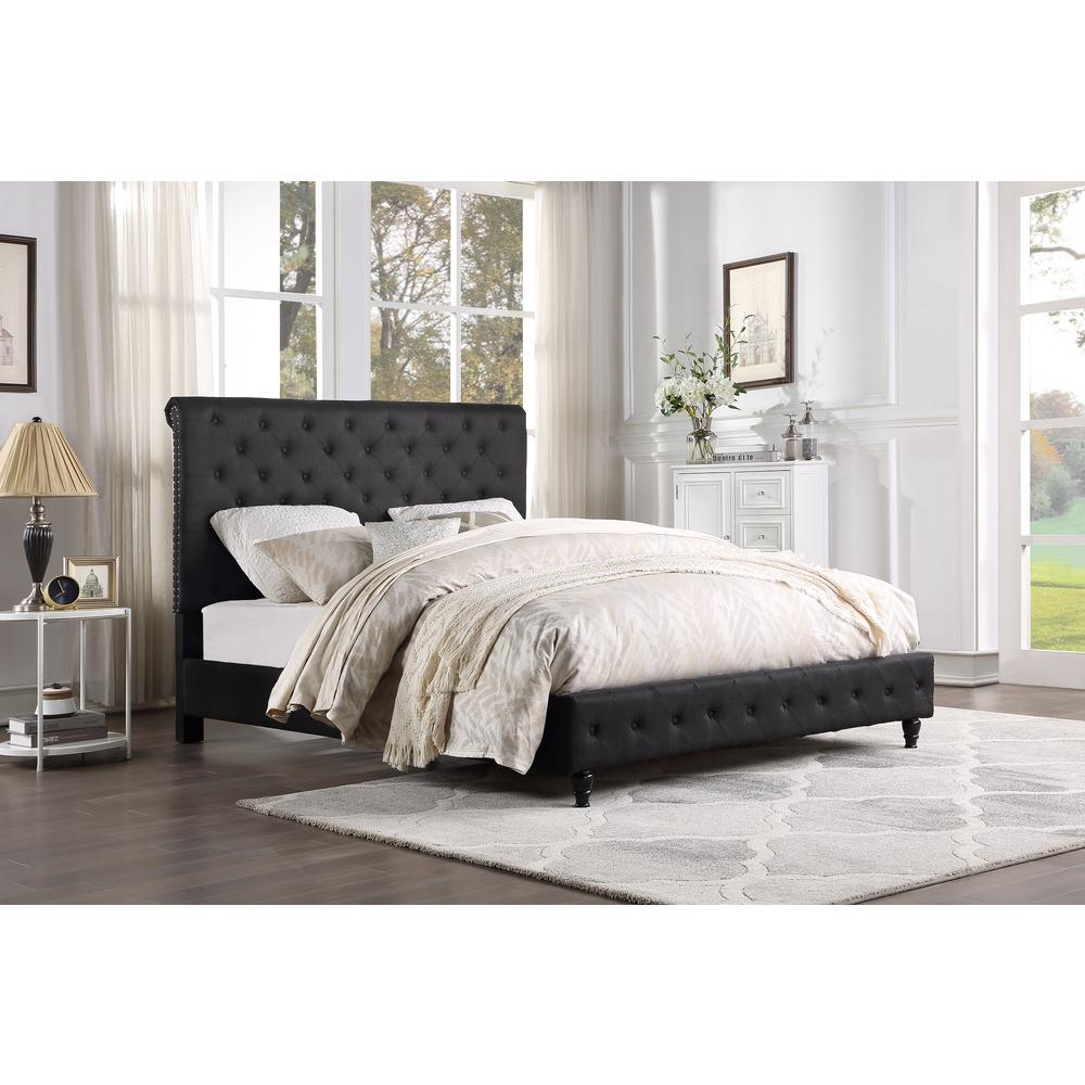 Best Master Furniture Ashley Tufted Transitional Linen Fabric Queen Bed in Black. Picture 1