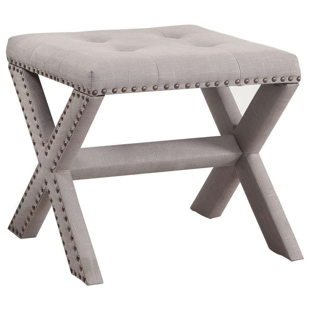 Best Master Fabric Upholstered Square Accent Bench in Neutral Gray/Nail Heads. Picture 1