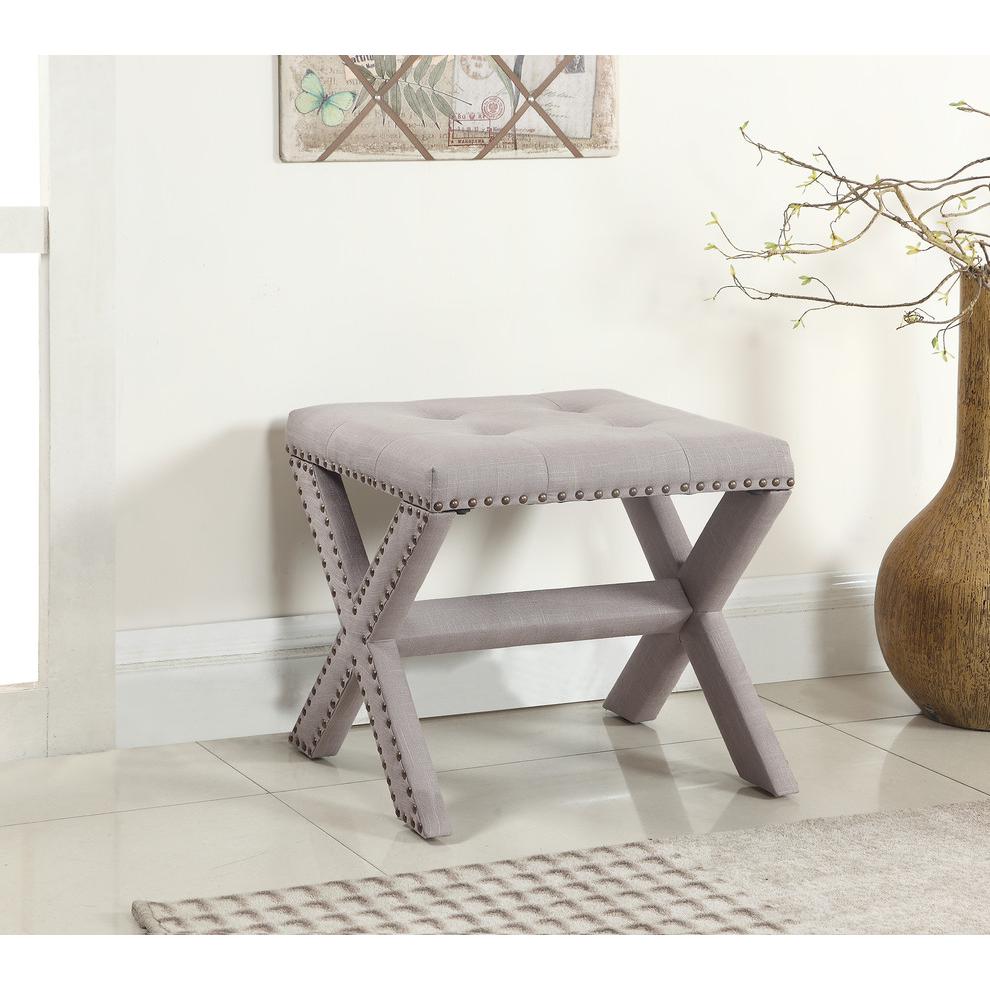 Best Master Fabric Upholstered Square Accent Bench in Neutral Gray/Nail Heads. Picture 2