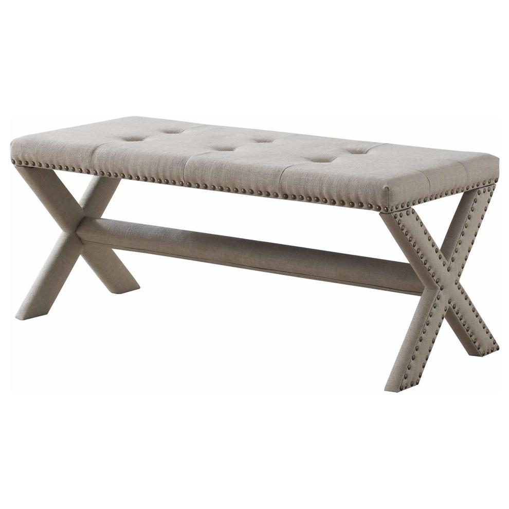 Best Master Fabric Upholstered Rectangular Accent Bench in Natural/Nail Heads. Picture 1