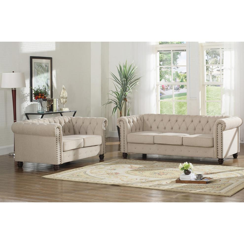 Best Master Venice Fabric Upholstered Living Room Loveseat in Beige. Picture 3