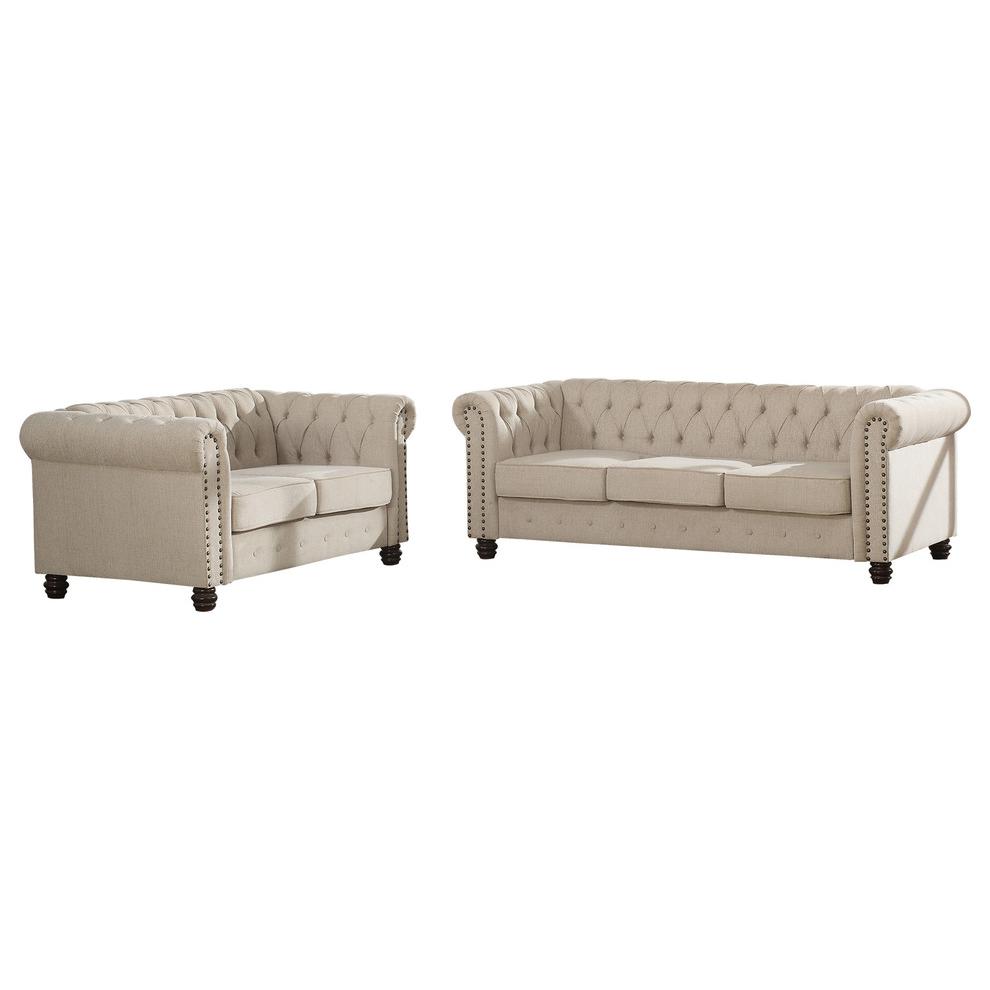 Best Master Venice 2-Pc Fabric Upholstered Sofa & Loveseat Set in Beige. Picture 1