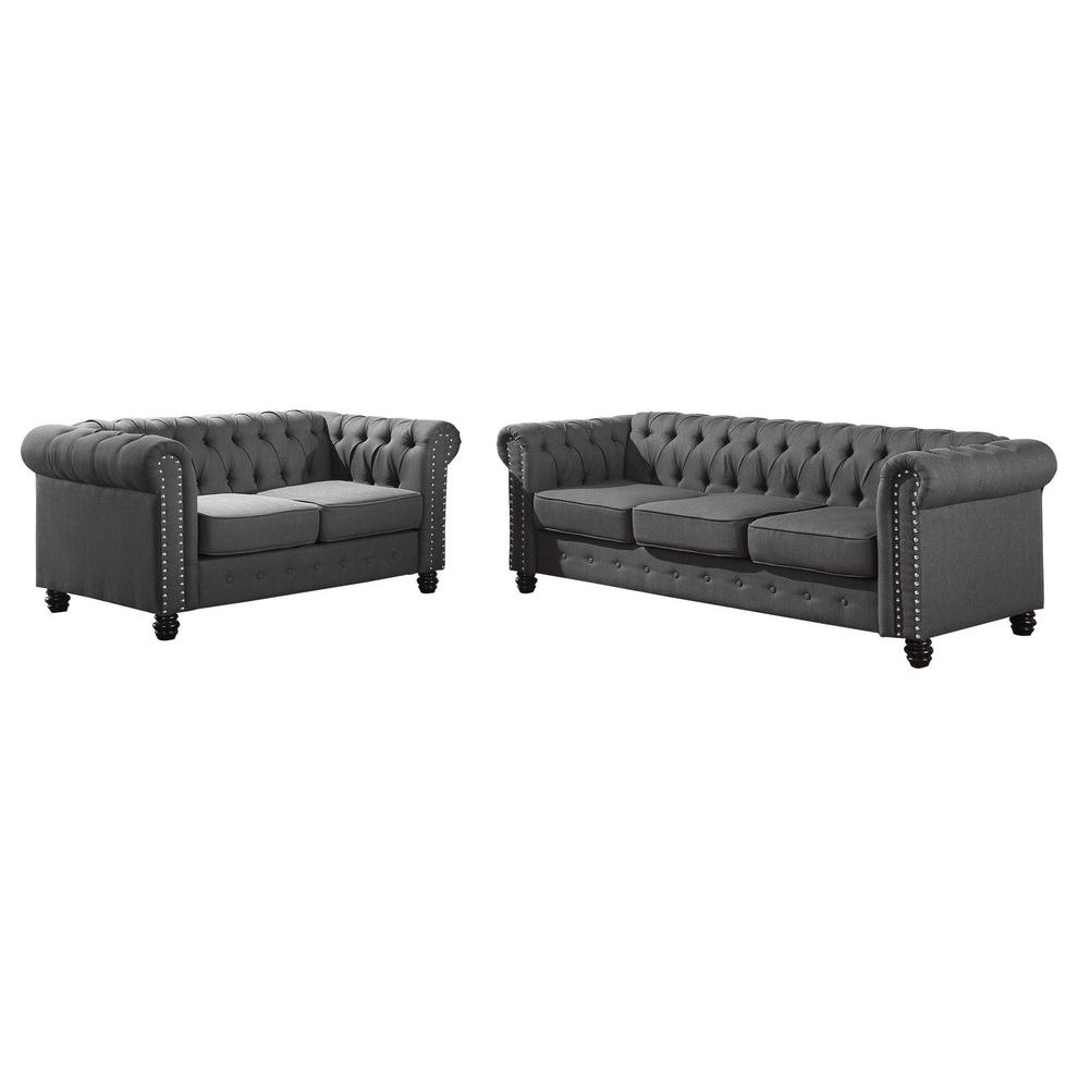 Best Master Venice 2-Pc Fabric Upholstered Sofa & Loveseat Set in Klein Charcoal. Picture 1