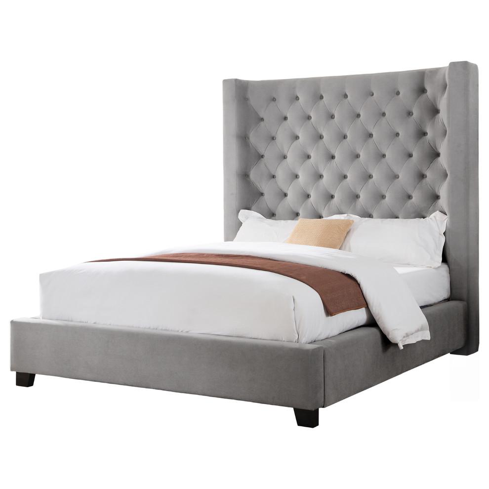 Best Master Jamie Velvet Upholstered Tower High Profile Cal King Bed in Gray. Picture 1