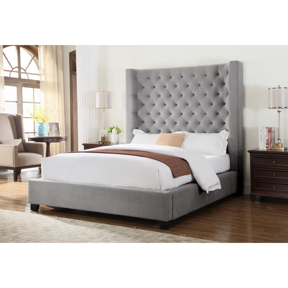 Best Master Jamie Velvet Upholstered Tower High Profile Cal King Bed in Gray. Picture 2