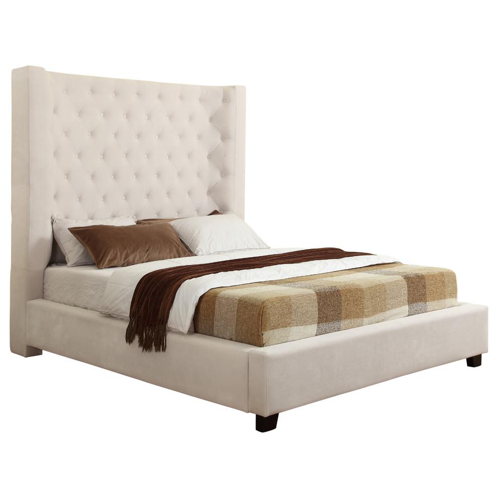 Best Master Jamie Velvet Upholstered Tower High Profile Queen Bed in Cream. Picture 1
