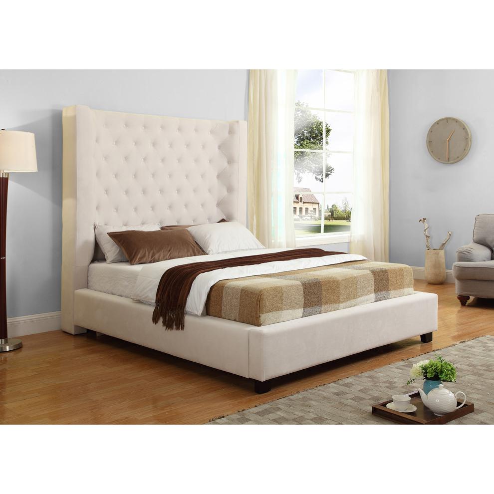 Best Master Jamie Velvet Upholstered Tower High Profile Queen Bed in Cream. Picture 2
