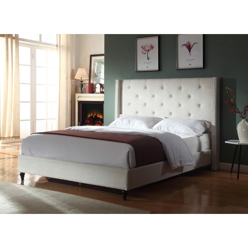 Best Master Valentina Fabric Upholstered Wingback Queen Platform Bed - Beige. Picture 2