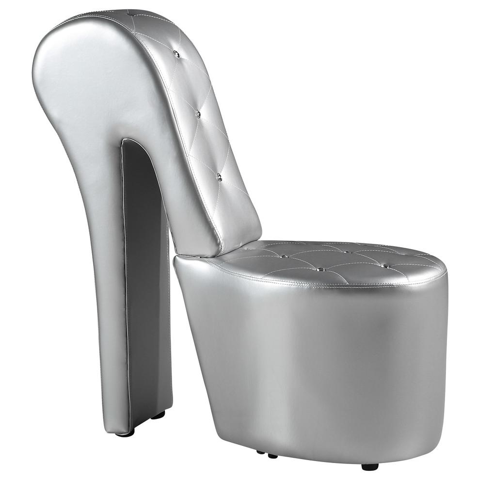 Best Master High Heel Faux Leather Crystal Studs Shoe Chair in Silver. Picture 1