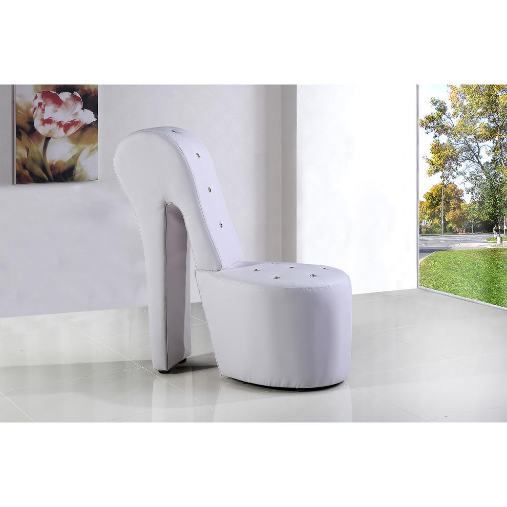 Best Master High Heel Faux Leather Crystal Studs Shoe Chair in White. Picture 4