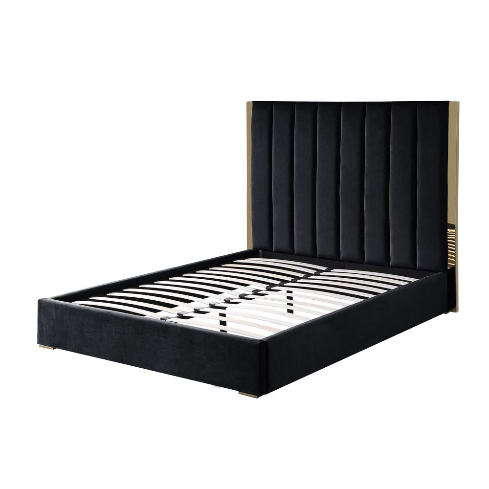 Jalen Black Velvet King Platform Bed with Gold Accents. Picture 1