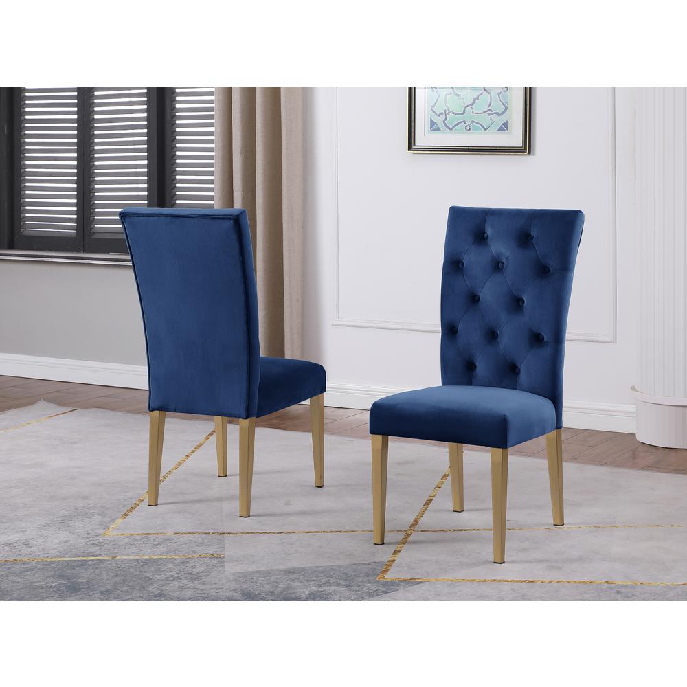 Tyrion Blue Tufted Velvet Side Chairs in Brushed Gold (Set of 2). Picture 2