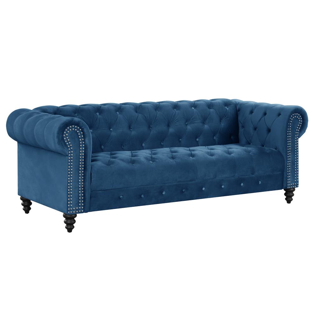 Flotilla Round Arm Velvet Chesterfield Straight Sofa in Blue (3 Seater). Picture 1