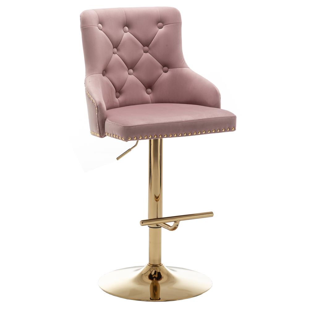 Brightcast 2-piece Velvet Tufted Gold Bar Stools in Pink. The main picture.