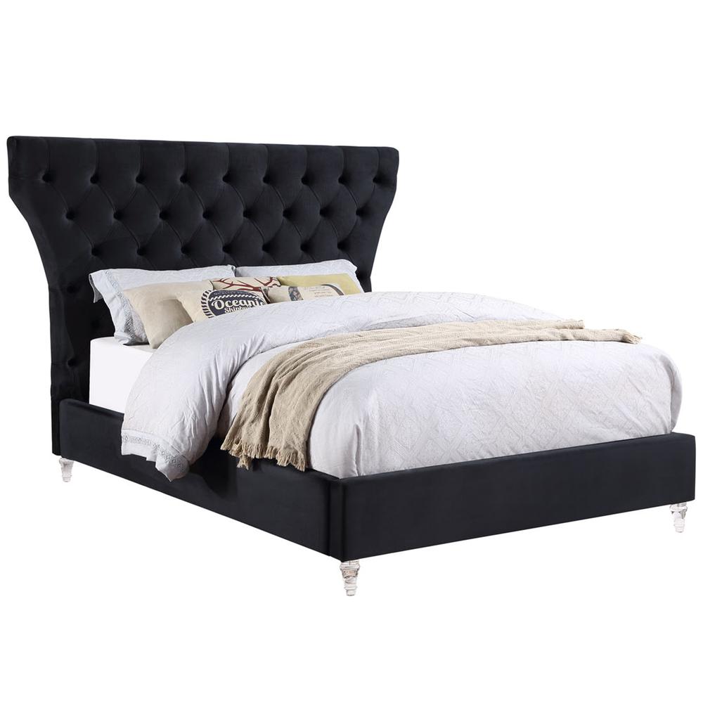 Bellagio Black Tufted Velvet Queen Platform Bed with Acrylic Legs. Picture 1