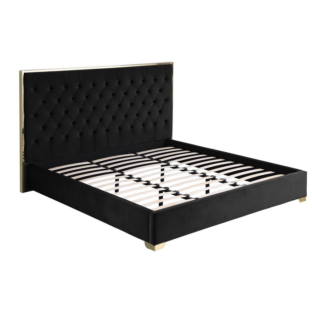 Kressa Velvet Fabric Tufted Queen Platform Bed in Black/Gold. Picture 2