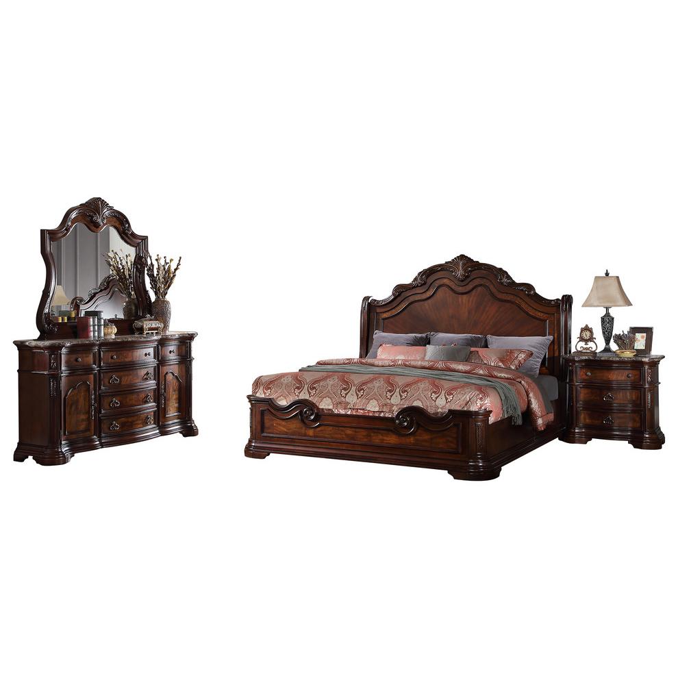 Barney 5-Piece Traditional Walnut With Marble Bedroom Set. Picture 1