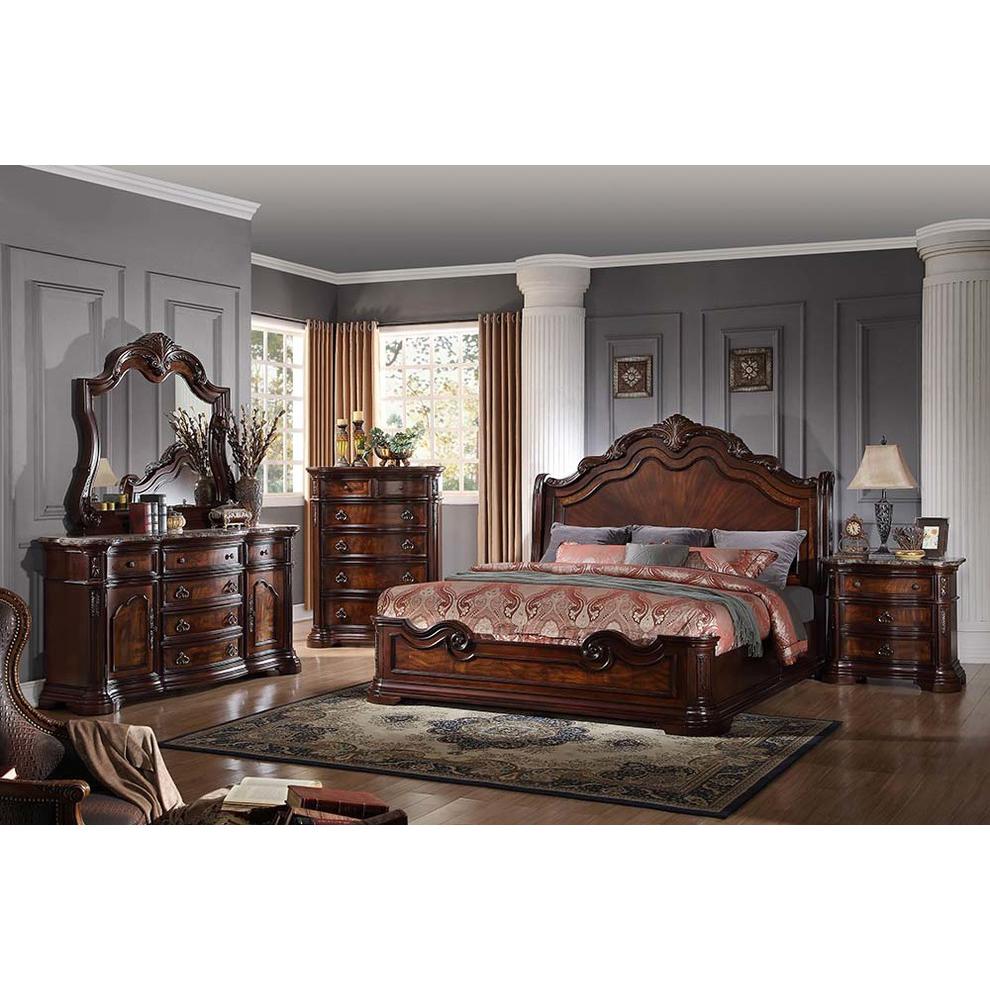 Barney 5-Piece Traditional Walnut With Marble Bedroom Set. Picture 2