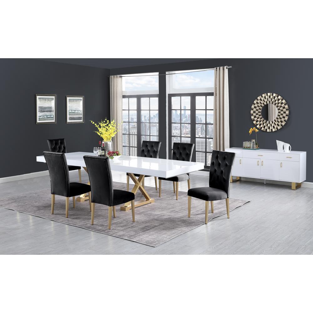 Tyrion Rectangle Extendable Modern White Dining Table in Brushed Gold. Picture 4
