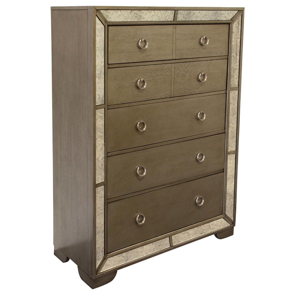 Best Master Ava Solid Wood Mirrored 5-Drawer Chest in Silver Bronze. Picture 1