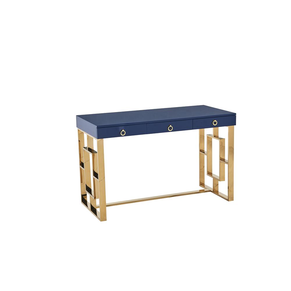 Brooks 3 Drawer Wood and Stainless Steel Frame Writing Desk - Blue/Gold. Picture 1