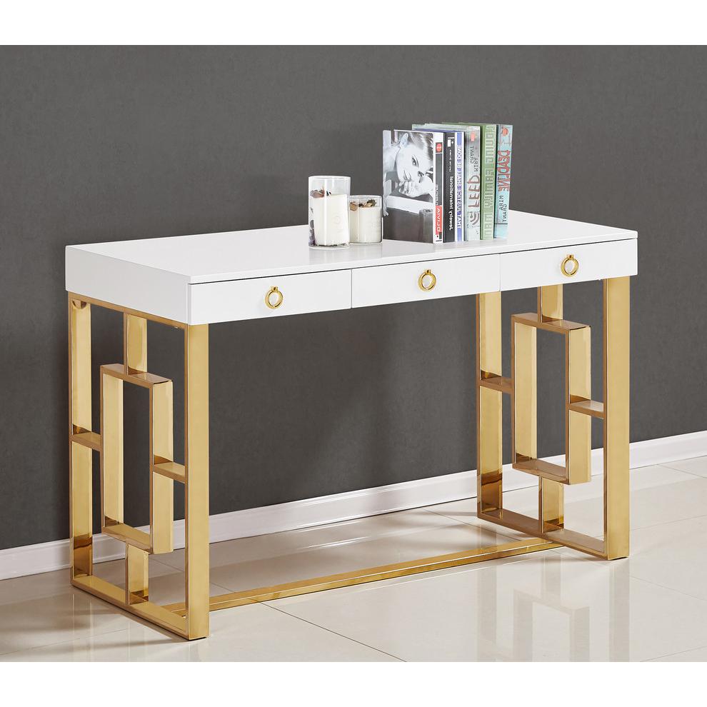 Best Master Brooks 3-Drawer Wood and Stainless Steel Frame Writing Desk - Gold. Picture 2