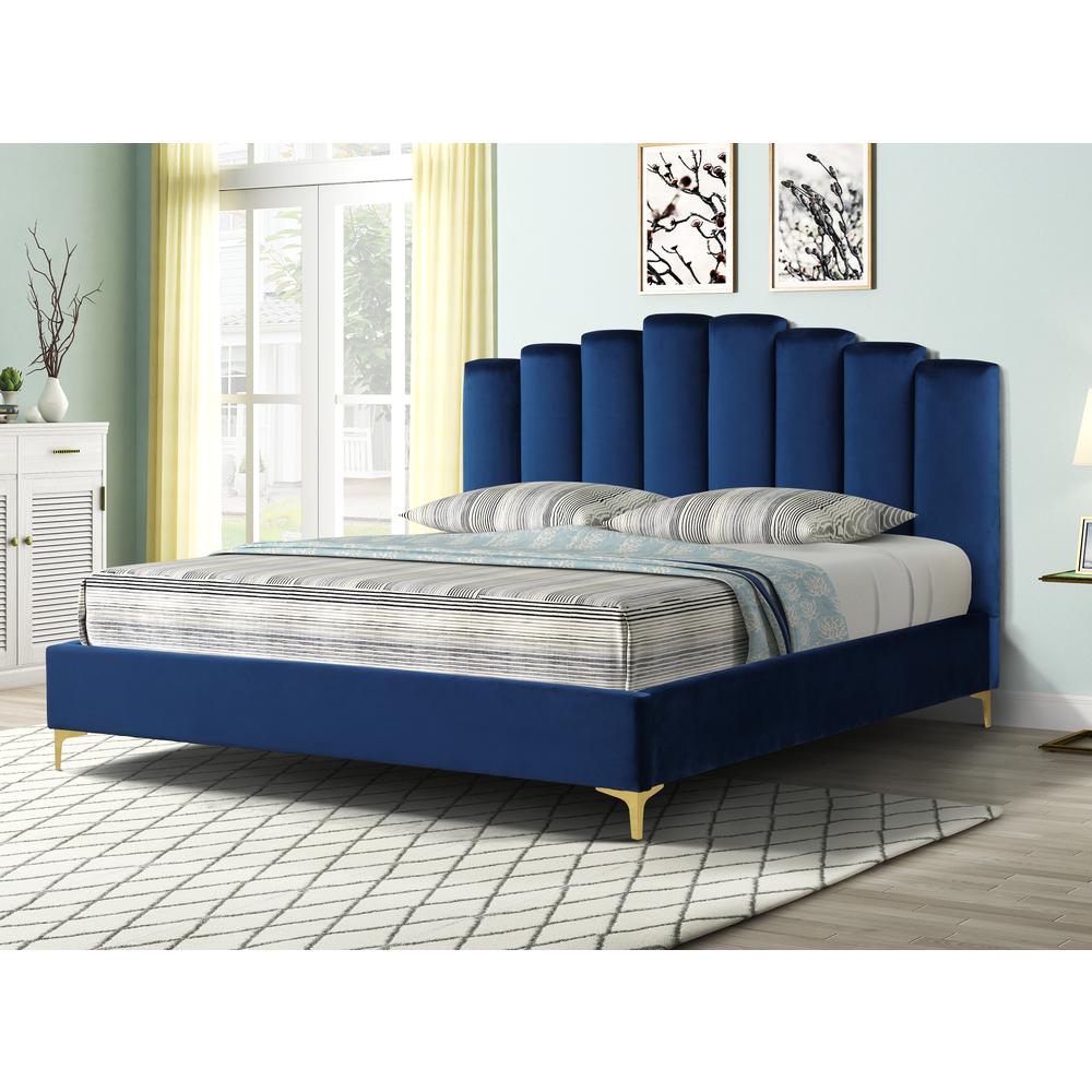 Sicily Velvet Fabric King Platform Bed in Blue. Picture 2
