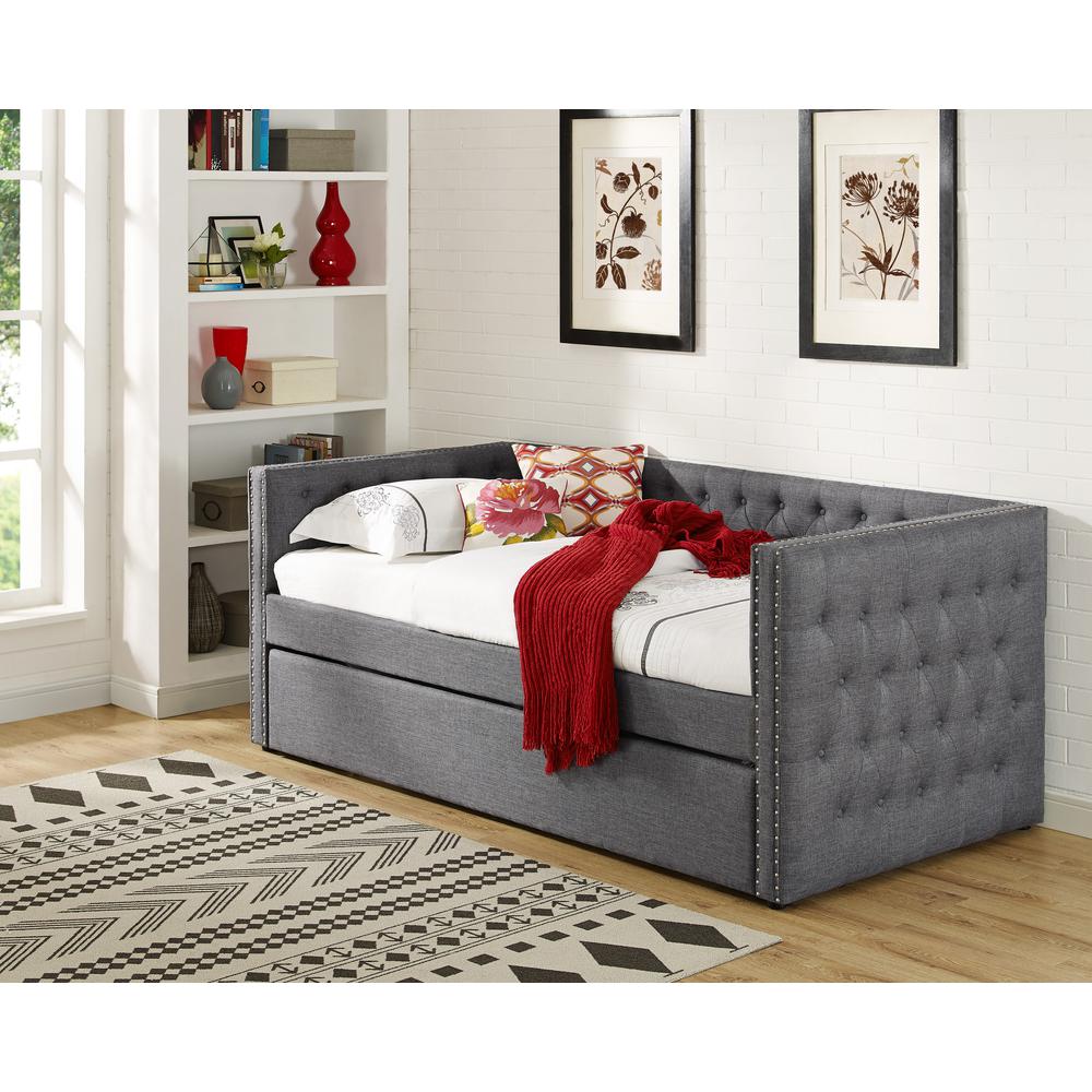 Tufted Fabric with Nailhead Twin Daybed and Trundle in Trina Grey. Picture 3
