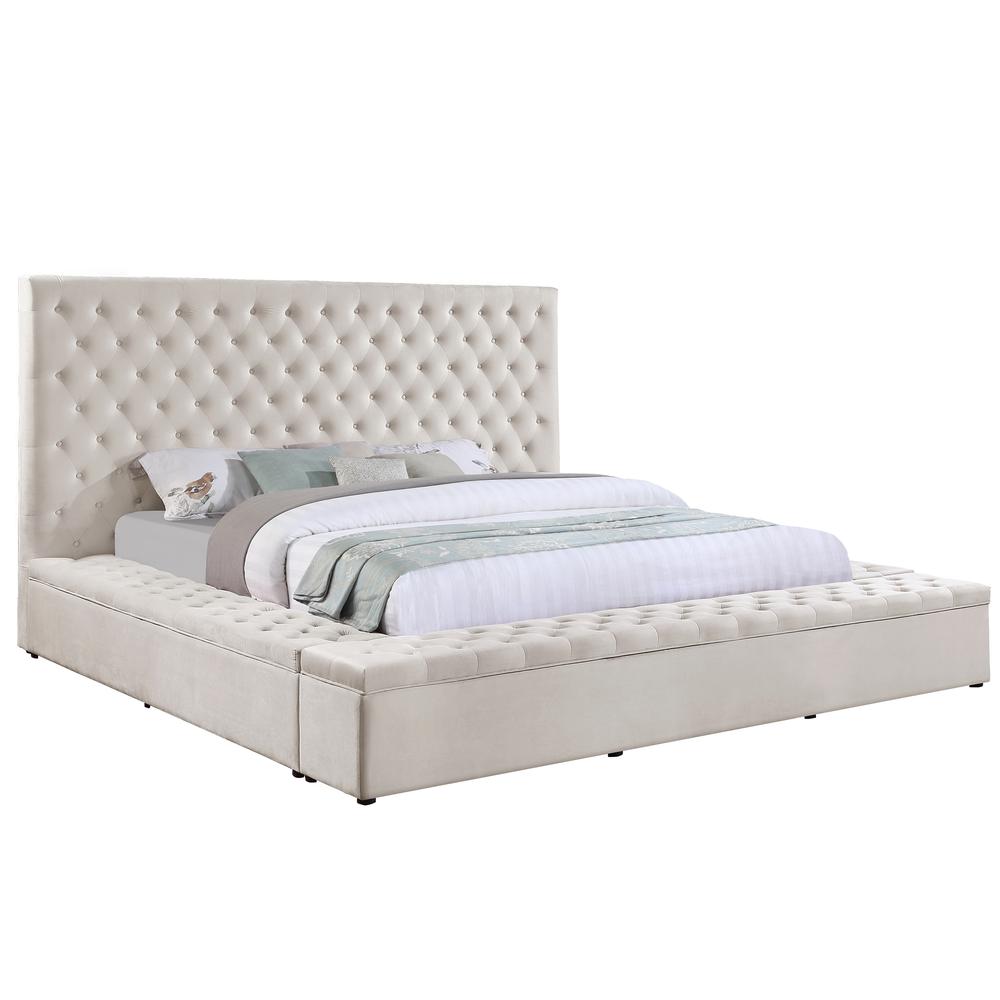 Cierra Velvet Platform Queen Bed with Storage in Cream. Picture 1