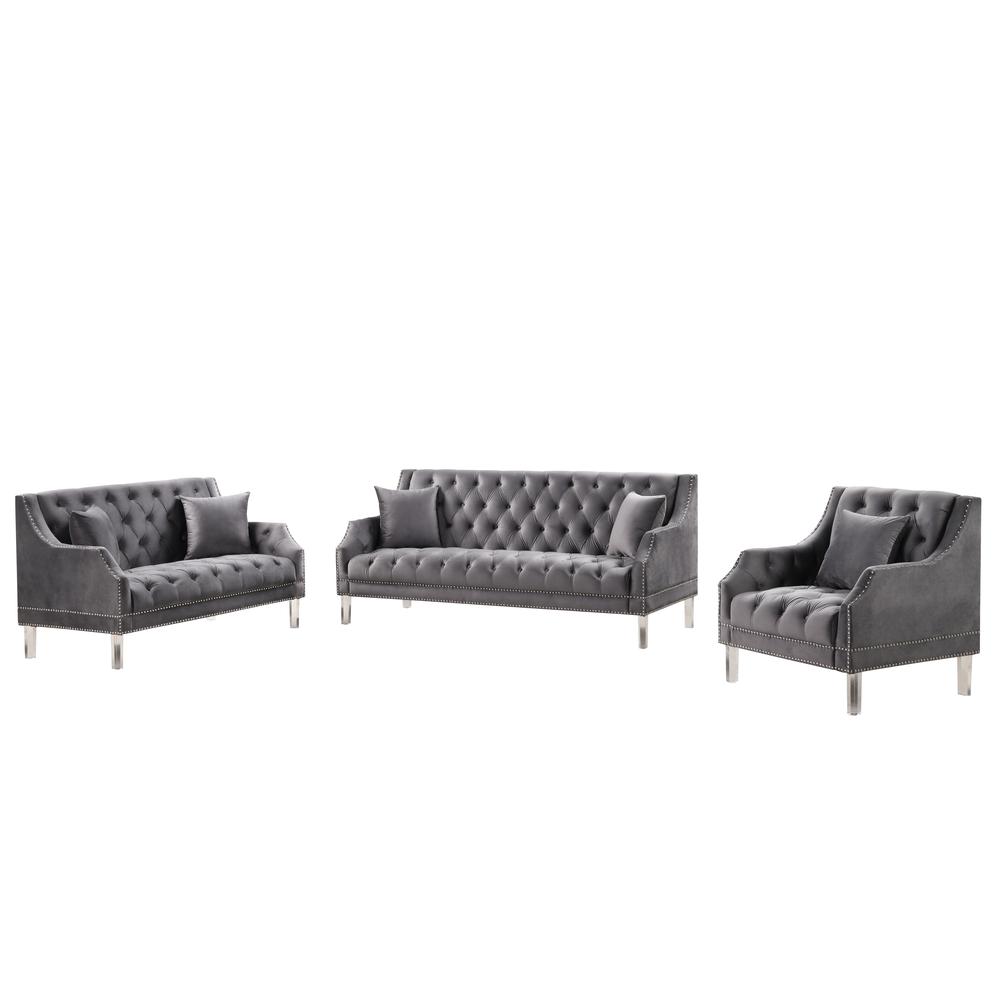 Tao Tufted Velvet with Acrylic Legs Living Room Set in Gray. The main picture.