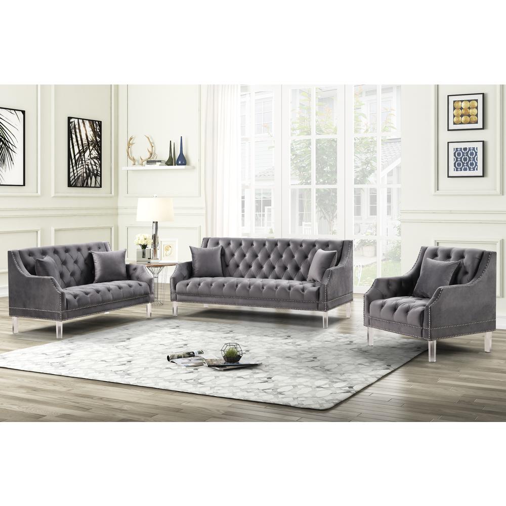 Tao Tufted Velvet with Acrylic Legs Loveseat in Gray. Picture 2