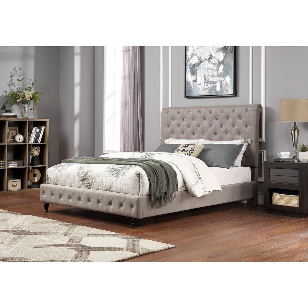 Best Master Furniture Ashley Tufted Transitional Linen Fabric Queen Bed in Gray. Picture 1