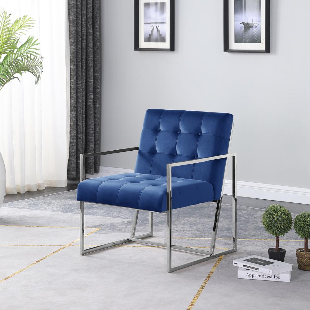 Beethoven 31.5" Velvet Accent Chair in Blue/Silver Plated. Picture 2