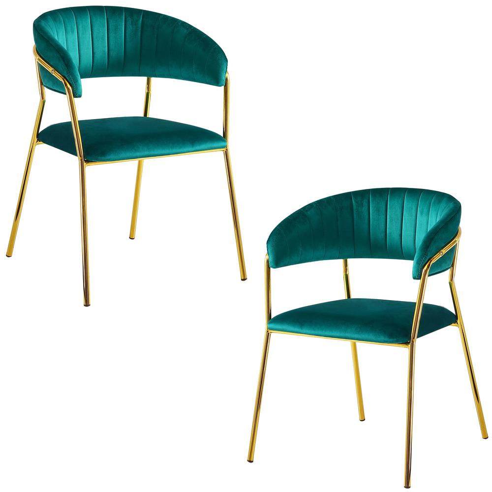 Bellai Gold Plated w/ Green Velour Fabric Chairs, Set of 2. Picture 1
