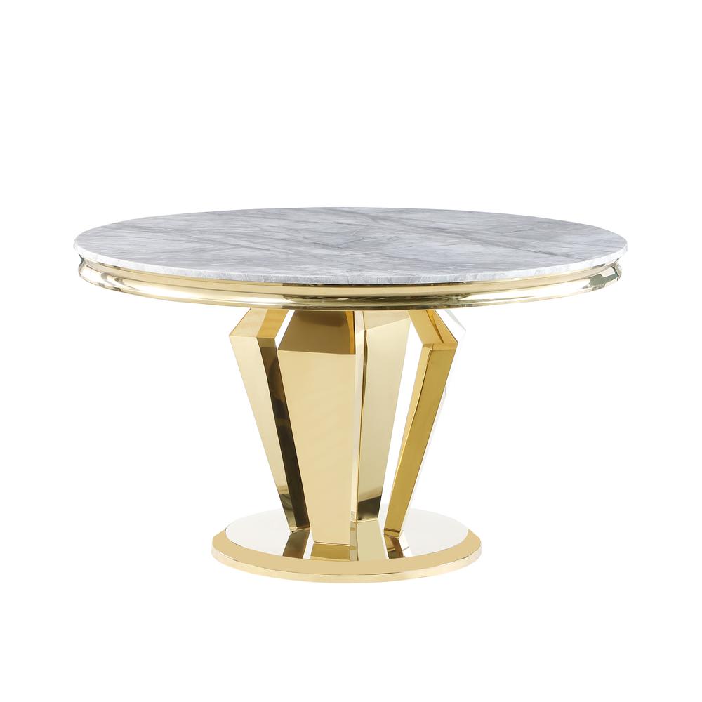 Ivane Light Grey Stone Marble Laminate Gold Round Dining Table. Picture 1